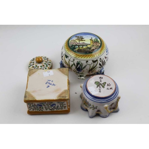 124 - A Spanish Faience desk top inkwell, polychrome painted floral decoration, central well with cover ha... 