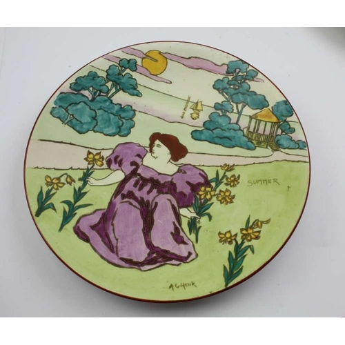 126 - A Lunville Art Nouveau pottery charger, painted and gilded with the profile portrait of a young woma... 