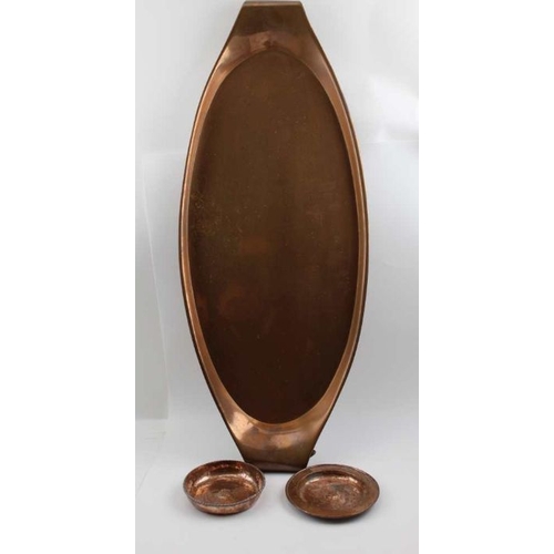 134 - WAS Benson, an arts & crafts copper oval tray, c.1900, with twin curled handles, 74cm wide, stamped,... 