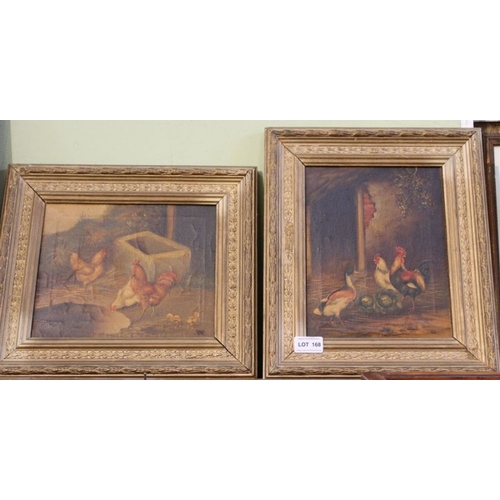 168 - A pair of oil on canvass studies of domestic fowl in farmyard setting each monogrammed, in period gi... 