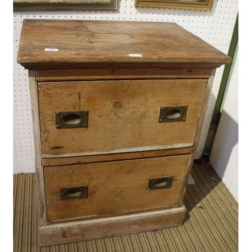 196 - A rustic pine two drawer chest with flush folding handles. 80 x 66cm.