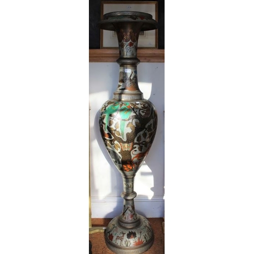 300 - A large Indian brass vase with enamel decoration of birds & animals, baluster shape, 166cm high