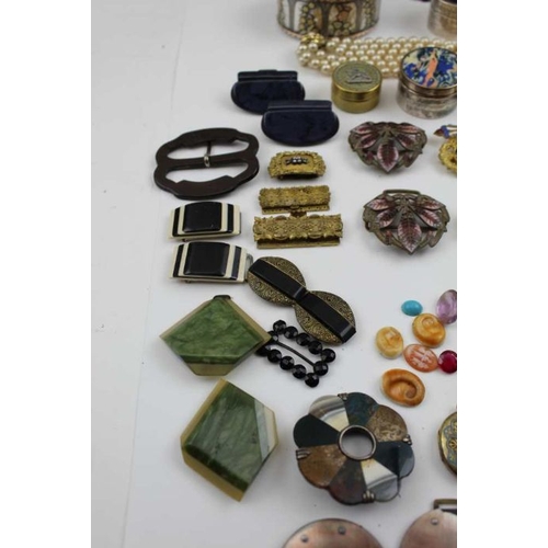 34 - A collection of decorative buckles and costume jewellery, includes a pair of bright cut steel shoe b... 