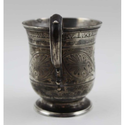 5 - James McKay, a mid 19th century silver Christening mug, scroll handle, engraved anthemion decoration... 