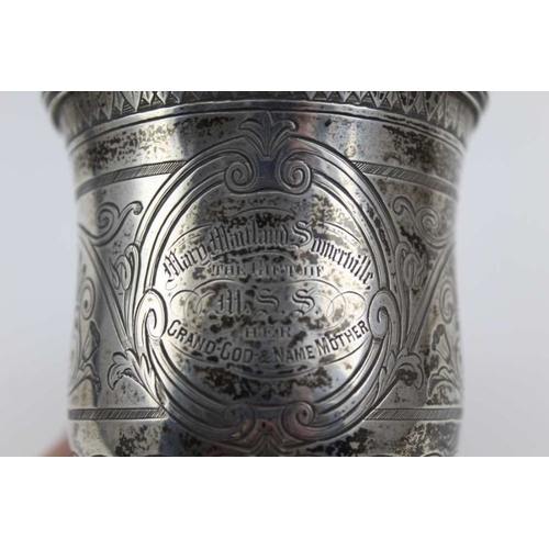 5 - James McKay, a mid 19th century silver Christening mug, scroll handle, engraved anthemion decoration... 