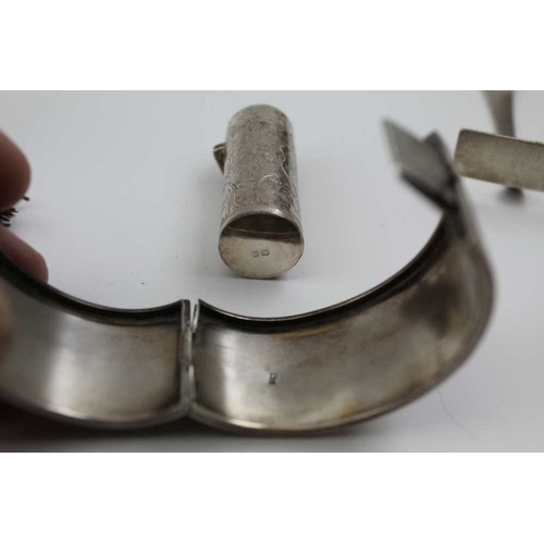 9 - A collection of silver & white metal wares various, including a broad silver cuff bracelet, silver p... 