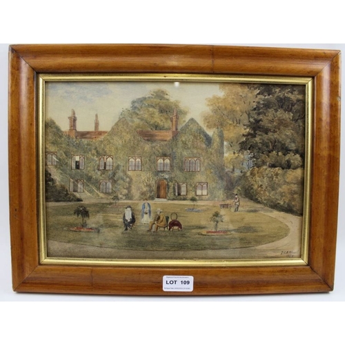 109 - 19th century British Naive School, Summer scene, figures in the garden of a manor house, watercolour... 