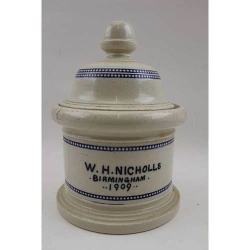 126 - A Chemists stoneware drug jar with cover, inscribed W.H. Nicholls, Birmingham 1909