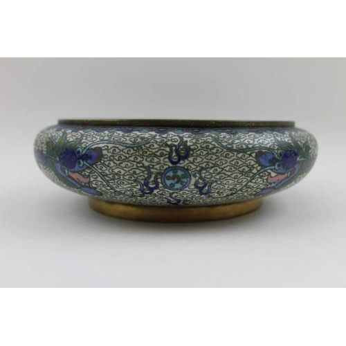 127 - A Chinese cloisonné bowl, with blue enamel dragon decoration, chasing The Pearl of Wisdom, 20cm in d... 