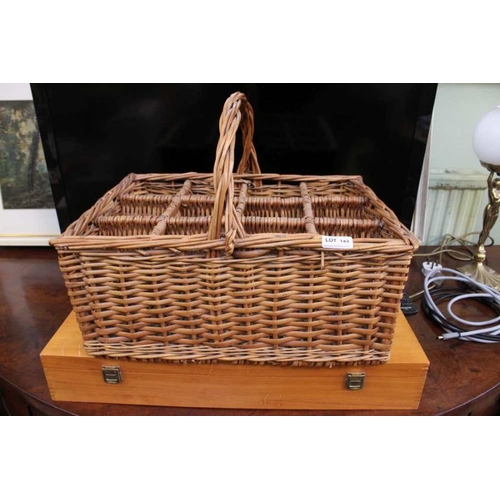 143 - An empty wine carry box together with a wicker wine basket