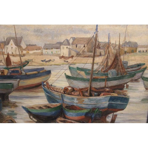 187 - Martin Beale - Moored Fishing Boates, oil on canvas, signed, 50cm x 67.5cm in hand finished wood fra... 