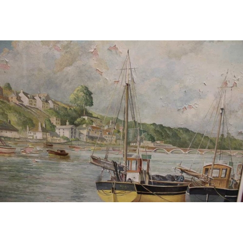 187 - Martin Beale - Moored Fishing Boates, oil on canvas, signed, 50cm x 67.5cm in hand finished wood fra... 