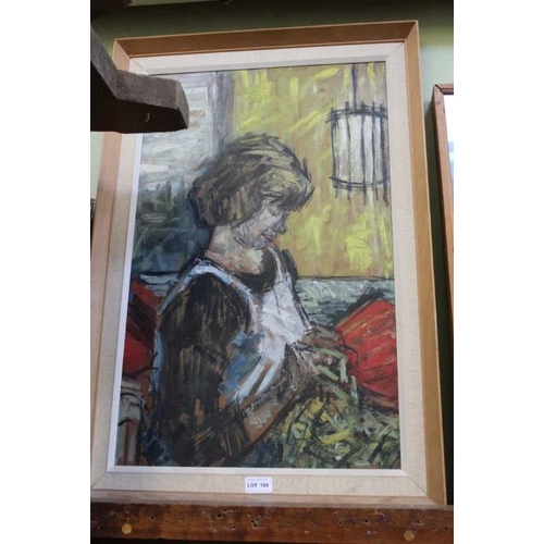 189 - British School, portrait of a woman knitting, oil on board, 66cm x 41cm, framed / condition of paint... 