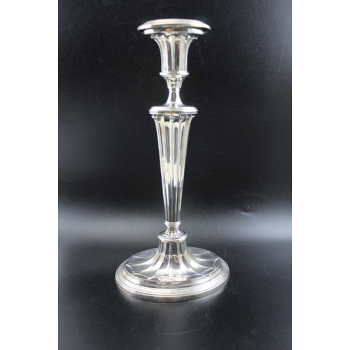 2 - A pair of late Victorian, Adam design silver plated candlesticks, stylised urn form nozzles on taper... 