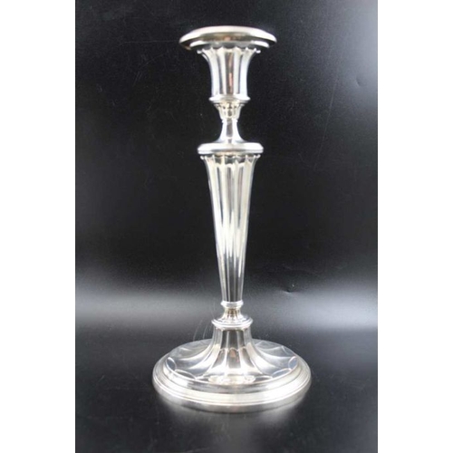 2 - A pair of late Victorian, Adam design silver plated candlesticks, stylised urn form nozzles on taper... 