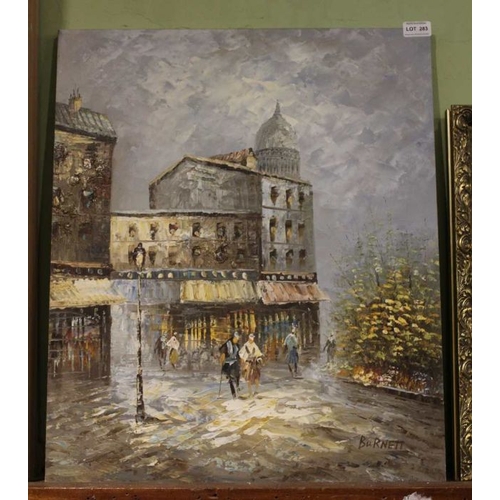 283 - Parisian street scene impasto oil on canvas bearing the name Burnett, 61 x 51cm