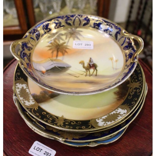 293 - Noritake, pair of plates, black rims, saucer, Desert scene serving bowl, river landscape plate & one... 