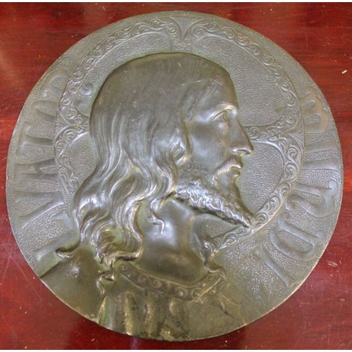 334 - A pewter roundel depicts profile head of Christ circa 1900 14cm diameter.