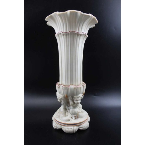 38 - A Parian vase, tapering trumpet form, supported by four mermaids on shell moulded foot rim, c.1910, ... 