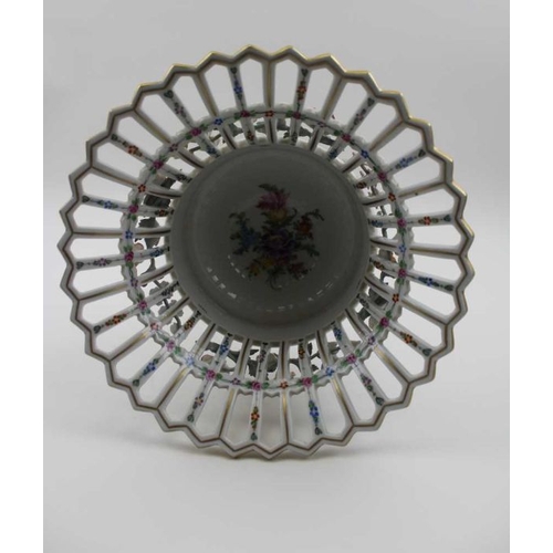 44 - A 20th century Dresden porcelain centrepiece fruit bowl, reticulated basket form, with applied hand ... 