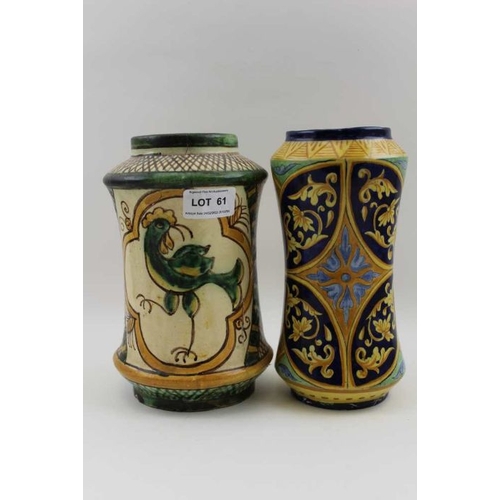 61 - An Italian drug jar, glazed terracotta, 20cm together with one other pottery drug jar of waisted for... 