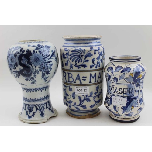 62 - Two Italian majolica drug jars, the larger painted within a banner Gerba-mate, 22cm high, the smalle... 