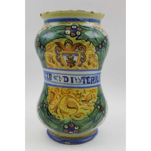 64 - A Cantagalli majolica drug jar, painted decoration includes castle crest, the banner inscription Tro... 