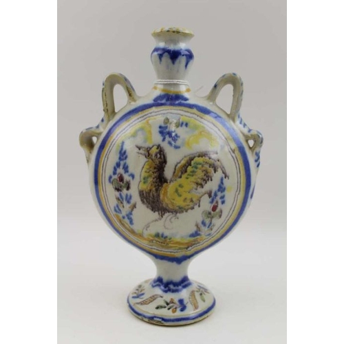 65 - An Italian majolica vase, round body with strapwork shoulders, on platform base, painted to one side... 