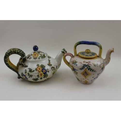 66 - A cantagalli majolica teapot, with serpent handle, stamped Firenze Italy, together with two other te... 