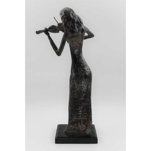 70 - Kim Y.J. a cast metal figurine, depicts a female violinist, cast signature, raised on plinth base, t... 