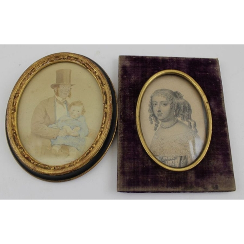 84 - A collection of seven framed miniature portraits, includes pencil, watercolour and printed