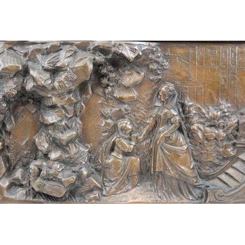 88 - A bronzed relief metal plaque, depicts an Elizabethan scene, possibly Queen Elizabeth on a visit to ... 