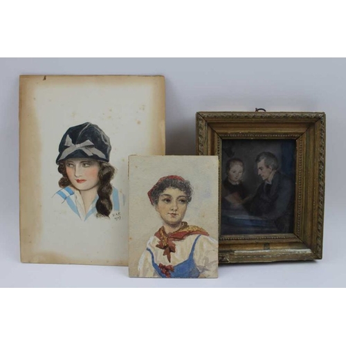 92 - A 19th century pastel drawing, depicts a Schoolmaster and his pupil, 12cm x 9cm, gilt framed, togeth... 