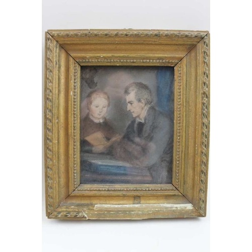 92 - A 19th century pastel drawing, depicts a Schoolmaster and his pupil, 12cm x 9cm, gilt framed, togeth... 