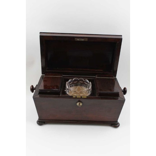 93 - A William IV rosewood double tea caddy of sarcophagus form, the hinged cover with mother-of-pearl in... 