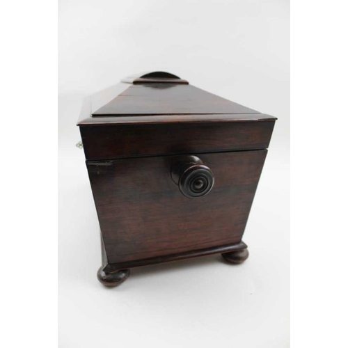 93 - A William IV rosewood double tea caddy of sarcophagus form, the hinged cover with mother-of-pearl in... 