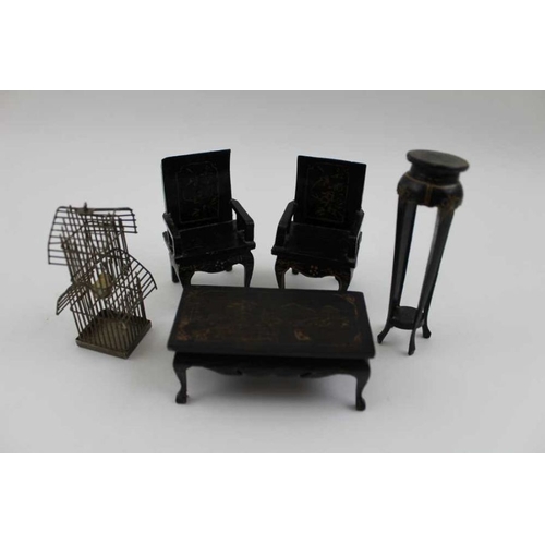 95 - Fourteen 'Oriental' items of dolls house furniture including, cupboard, chairs, tables & a birdcage