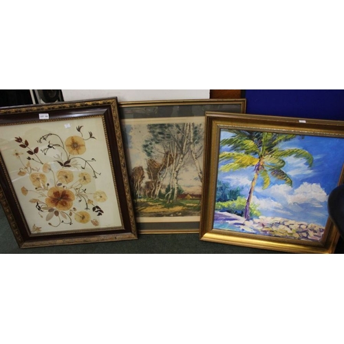 138 - A pressed flower picture, large painting of a beach and a framed print (3)