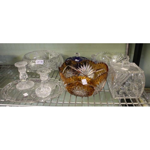 153 - A blue flashed and cut glass lidded bowl, amber flashed bowl and a quantity of clear cut glassware.