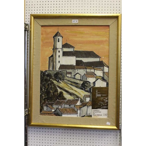 190 - Bruce Tribbett - Oil on canvass study of a Spanish church with village below. Monogrammed in exhibit... 