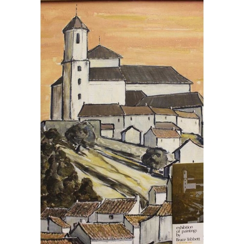 190 - Bruce Tribbett - Oil on canvass study of a Spanish church with village below. Monogrammed in exhibit... 