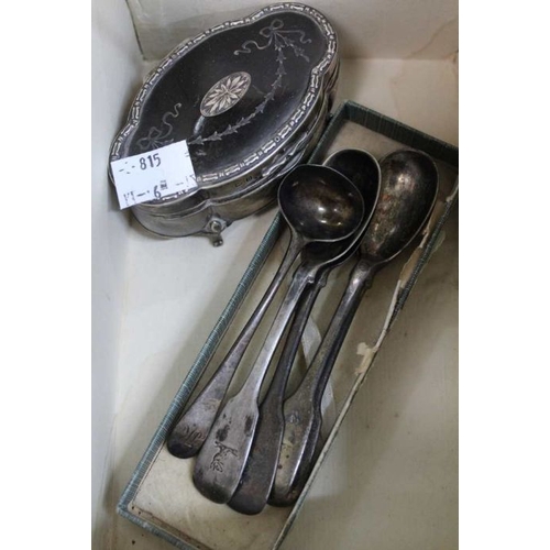 206 - A silver and tortoiseshell box with four silver Scottish condiment spoons plus another silver spoon.