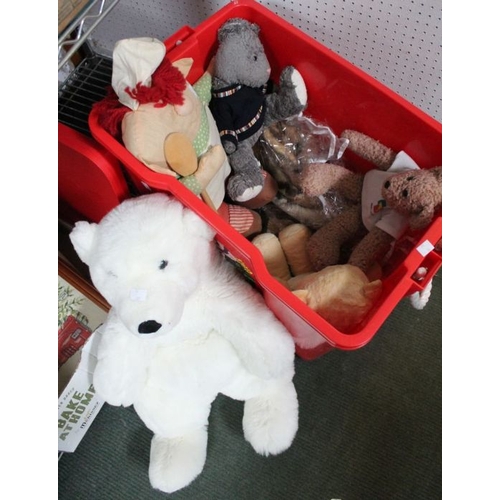 9 - A collection of soft toys, to include a white bear, together with a tiger print throw / rug