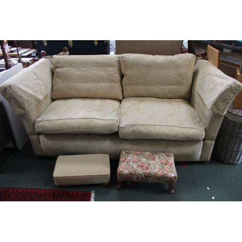 147 - A Wesley Barrell - Old gold chenille three person Knowle sofa with a matching armchair., together wi... 