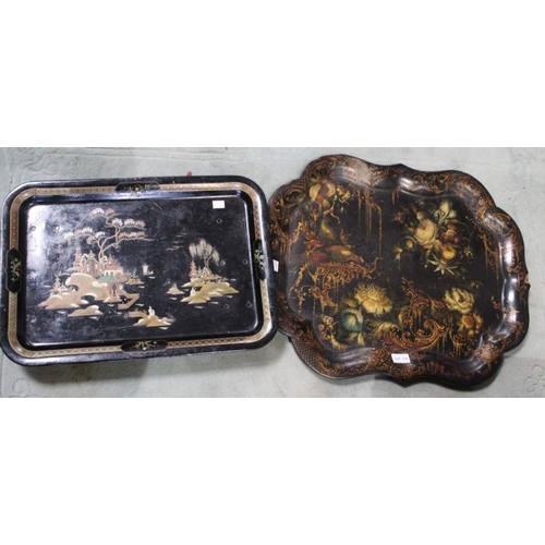 174 - A 19th century hand painted papier-mache tray with an oriental design tin black tray.