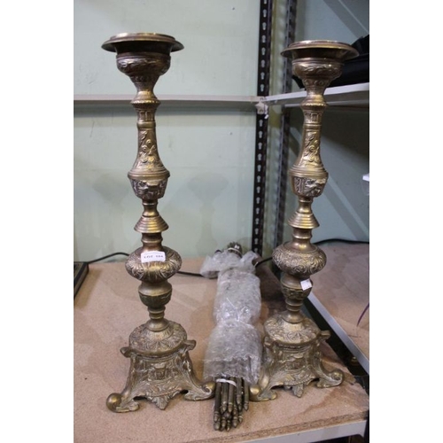 184 - Pair cast brass pricket alter candlesticks with 19 brass stair rods and brackets.