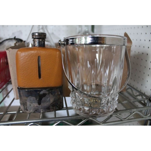 2 - Selection of glass decanters and stoppers, hip flask, ice bucket, labels etc