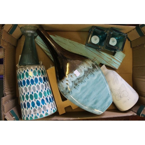 202 - Two boxes of decorative domestic items to include large vases made in the Philippines