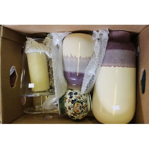 202 - Two boxes of decorative domestic items to include large vases made in the Philippines