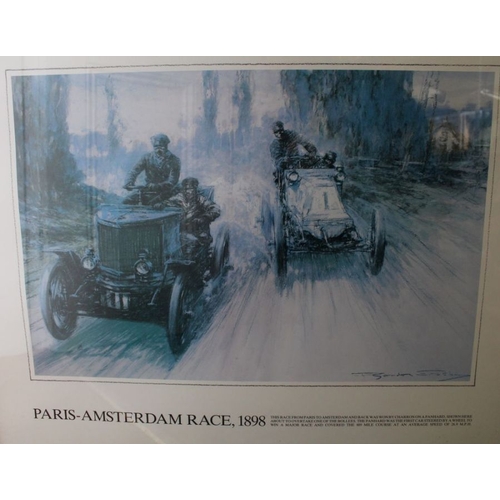 230 - A Gordon Bennett 1905 framed racing print, together with a Paris - Amsterdam racing print, framed